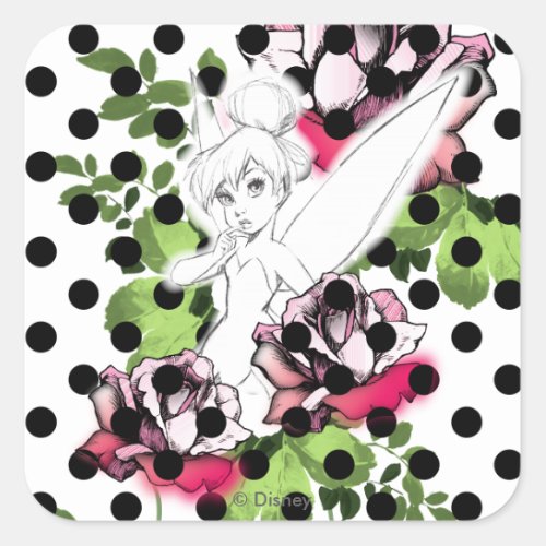 Tinker Bell Sketch With Roses and Polka Dots Square Sticker