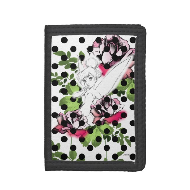 Tinker Bell Sketch With Roses and Polka Dots Trifold Wallet (Front Vertical)