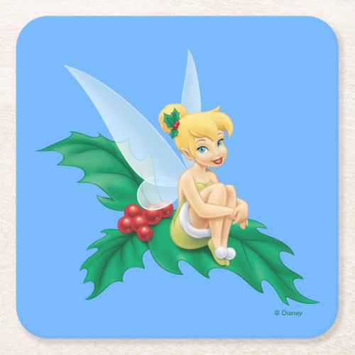 Tinkerbell  Christmas Holly Square Paper Coaster