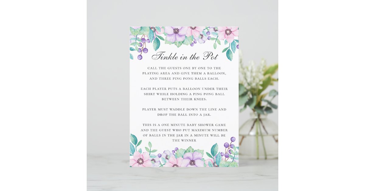 Tinkle in the pot. Purple floral baby shower game Zazzle