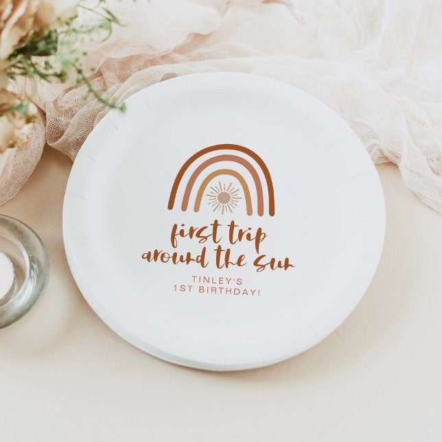 TINLEY Boho Terracotta Rainbow Sun First Birthday Paper Plates (Creator Uploaded)