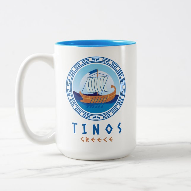 Tinos, Greece Greek Ship Design Two-Tone Coffee Mug (Left)