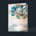 Tinsel Tree with Vintage Ornaments Christmas Card<br><div class="desc">Photograph of a silver tinsel tree decorated with blue, green and silver vintage Christmas ornaments in an ivory fluted compote. A beautiful Christmas card for collectors of Shiny Brite ornaments. The inside of the folded greeting card is blank. We recommend printing on matte paper. Pretty enough to be framed. Original...</div>