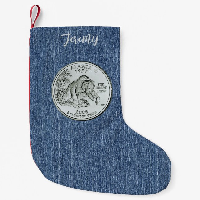 Tinted Alaska State Quarter Personalized Small Christmas Stocking (Front)