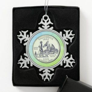 Tinted California State Quarter Snowflake Pewter Christmas Ornament