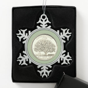 Tinted Connecticut State Quarter Snowflake Pewter Christmas Ornament