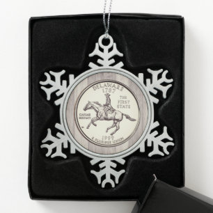 Tinted Delaware State Quarter Snowflake Pewter Christmas Ornament