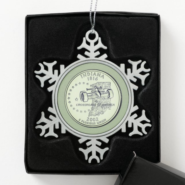 Tinted Indiana State Quarter  Snowflake Pewter Christmas Ornament (Box)