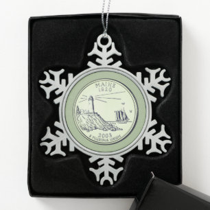 Tinted Maine State Quarter Snowflake Pewter Christmas Ornament