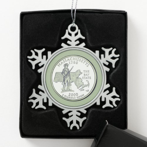 Tinted Massachusetts State Quarter   Snowflake Pewter Christmas Ornament
