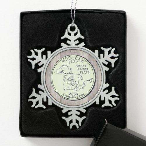 Tinted Michigan State Quarter   Snowflake Pewter Christmas Ornament