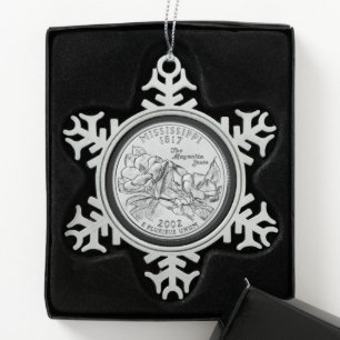 Tinted Mississippi State Quarter Snowflake Pewter Christmas Ornament