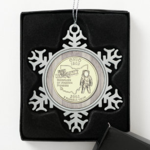 Tinted Ohio State Quarter Snowflake Pewter Christmas Ornament