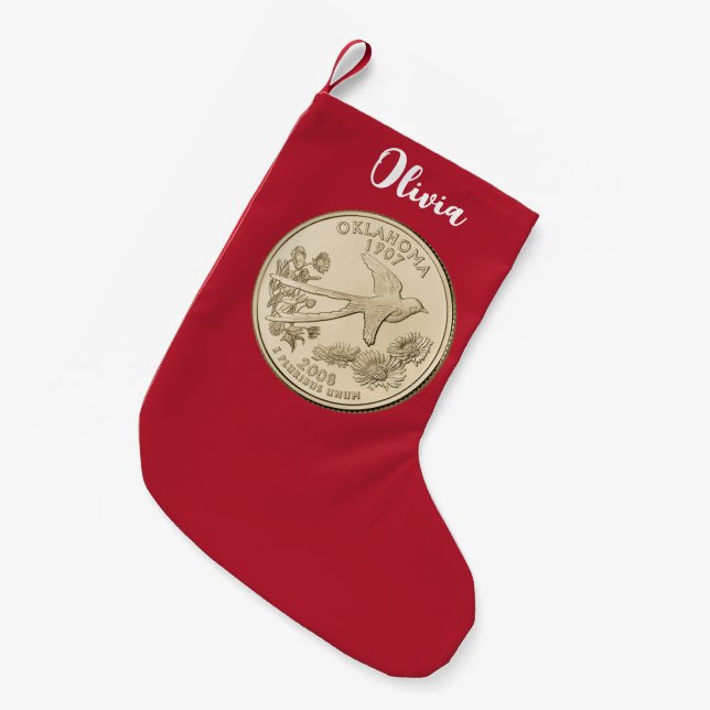 Tinted Oklahoma State Quarter Personalized Small Christmas Stocking (Front (Hanging))