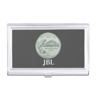 Tinted Washington State Quarter Design Monogram Business Card Case