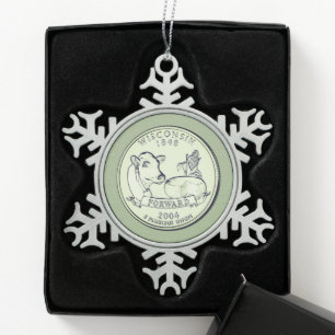 Tinted Wisconsin State Quarter Snowflake Pewter Christmas Ornament