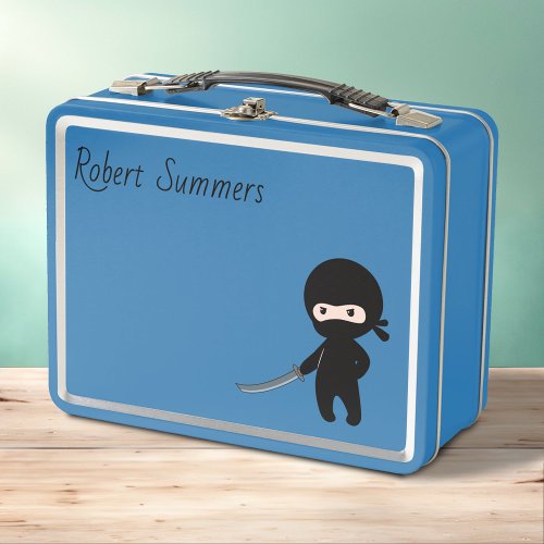 Tiny Angry Ninja Custom Name on Blue Metal Lunch Box