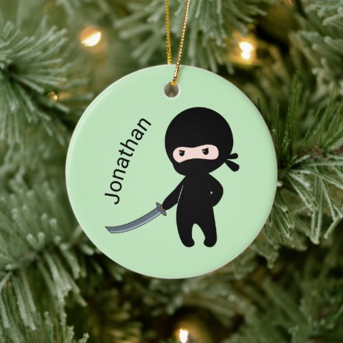 Tiny Angry Ninja Custom Name on Green Ceramic Ornament