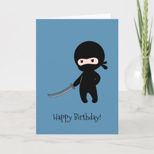 Tiny Angry Ninja on Blue Birthday Card