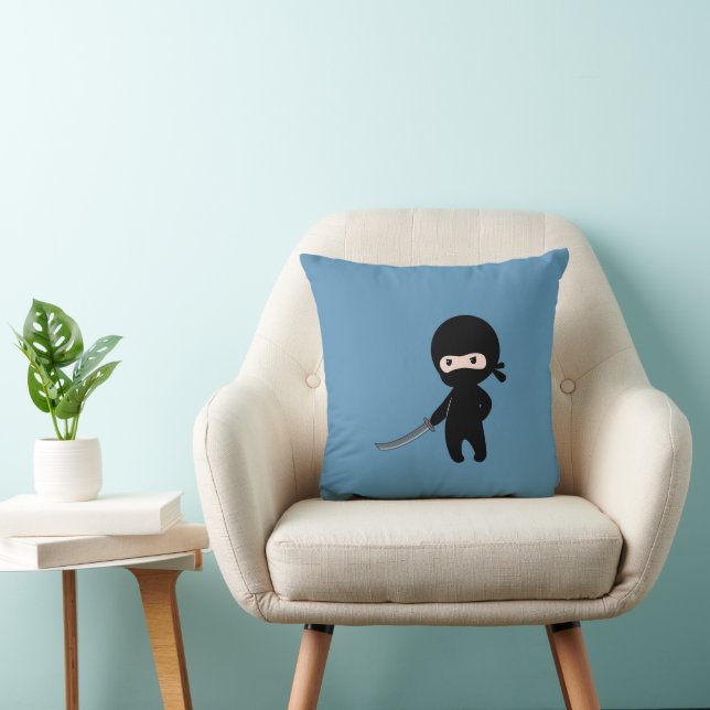 Tiny Angry Ninja on Blue Throw Pillow (Chair)