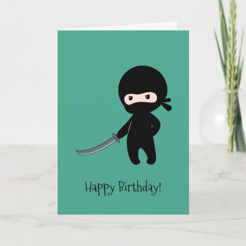 Tiny Angry Ninja on Dark Green Birthday Card