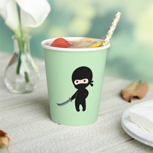 Tiny Angry Ninja on Green Paper Cups