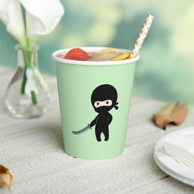 Tiny Angry Ninja on Green Paper Cups (Insitu)