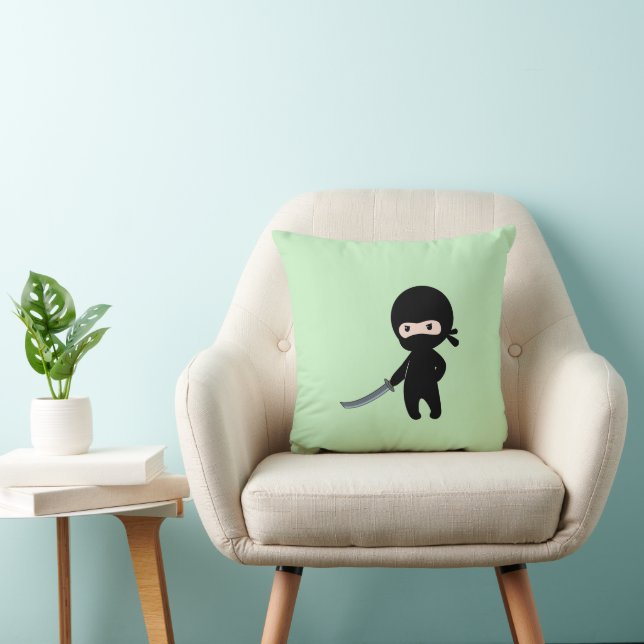 Tiny Angry Ninja on Green Throw Pillow (Chair)