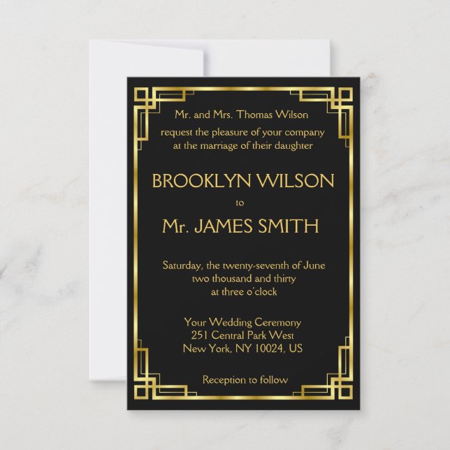 Tiny Art Deco Black And Gold Wedding Invitations (Front)