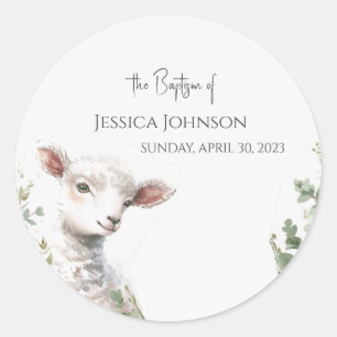 Tiny Baby Lamb and Eucalyptus baptism Classic Round Sticker