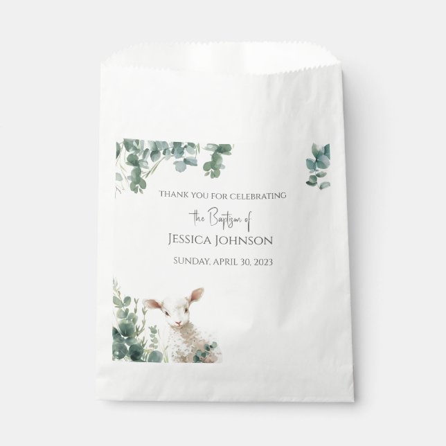 Tiny Baby Lamb and Eucalyptus baptism  Favor Bag (Front)