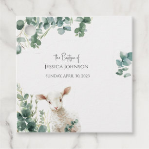 Tiny Baby Lamb and Eucalyptus baptism Favor Tags