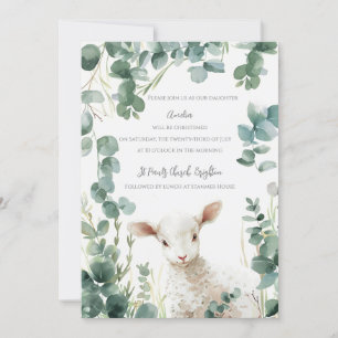 Tiny Baby Lamb and Eucalyptus baptism Invitation