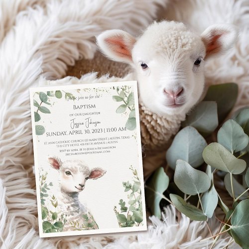 Tiny Baby Lamb and Eucalyptus baptism Invitation