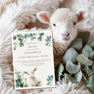 Tiny Baby Lamb and Eucalyptus baptism Invitation