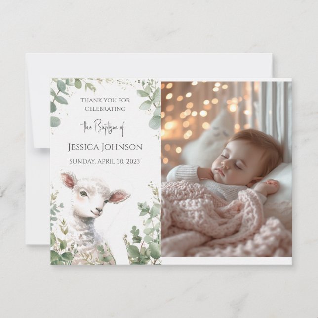 Tiny Baby Lamb and Eucalyptus baptism  Thank You Card (Front)
