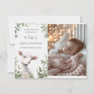 Tiny Baby Lamb and Eucalyptus baptism Thank You Card