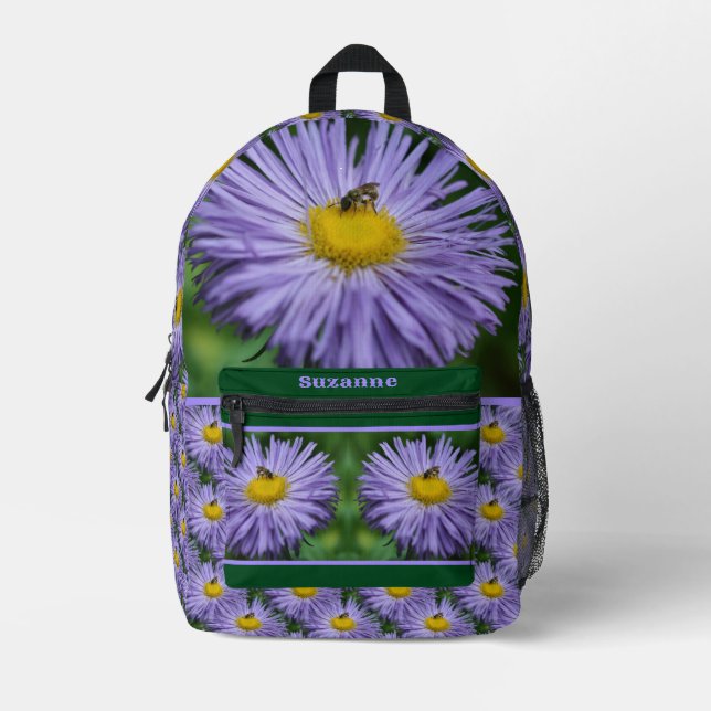 Tiny Bee On Purple Aster Flower Personalized  Printed Backpack (Front)