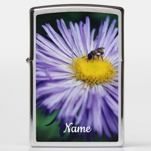 Tiny Bee On Purple Aster Flower Personalized Zippo Lighter