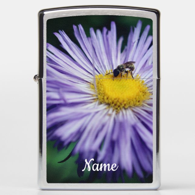 Tiny Bee On Purple Aster Flower Personalized Zippo Lighter (Front)