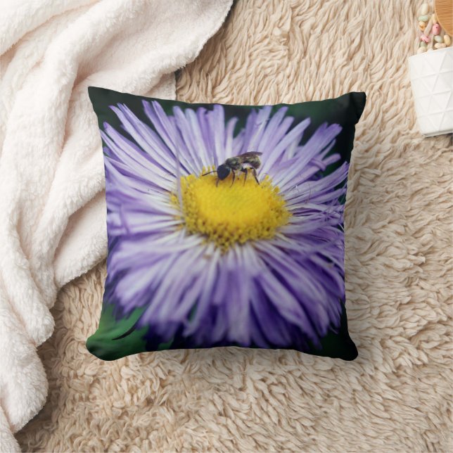 Tiny Bee On Purple Aster Flower  Throw Pillow (Blanket)