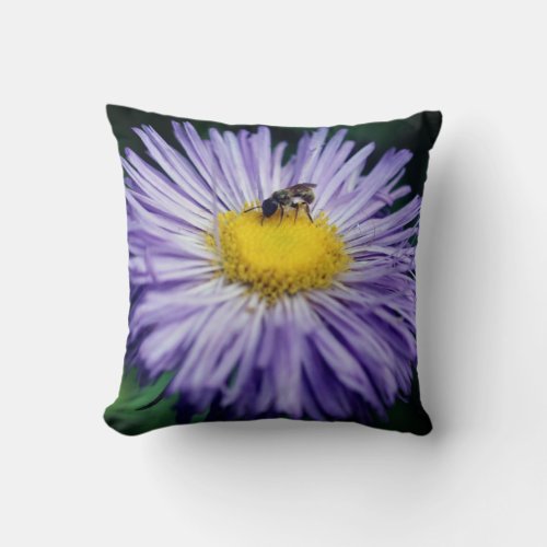 Tiny Bee On Purple Aster Flower  Throw Pillow