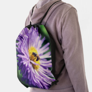 Tiny Bee On Purple Daisy Flower Close Up Drawstring Bag