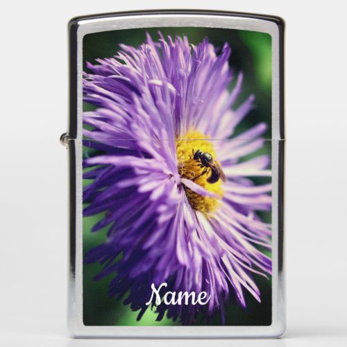 Tiny Bee On Purple Daisy Flower Personalized Zippo Lighter