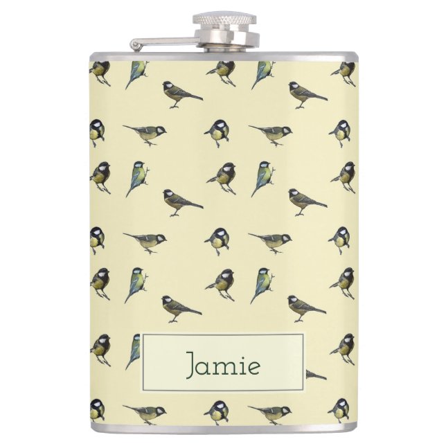 Tiny Birds Pattern on Beige Personalised Flask (Front)