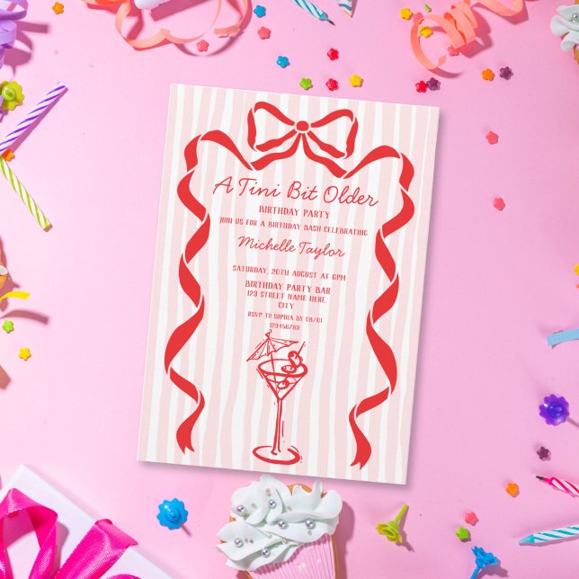 Tiny Bit Older Whimsical Martini Adult Birthday Invitation (whimsical hand drawn martini glass and bow birthday party invitation)