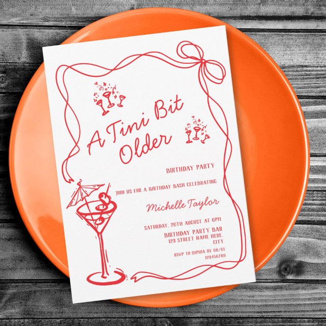 Tiny Bit Older Whimsical Martini Adult Birthday Invitation (cute red hand drawn doodle martini glass )