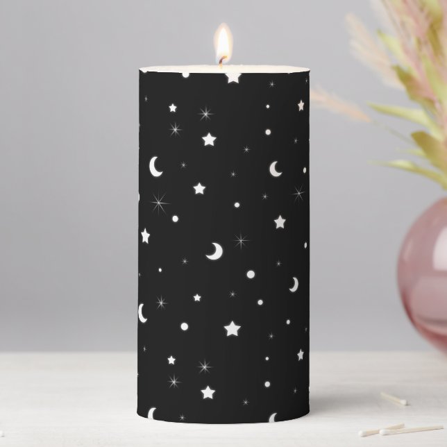 Tiny Black and White Moons and Stars  Pillar Candle (In Situ)