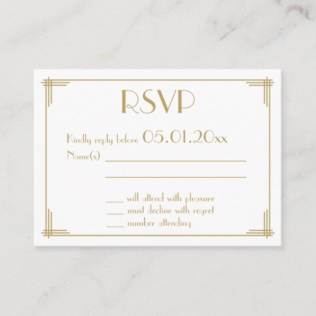 Tiny Black Gold Great Gatsby Art Deco Wedding RSVP Enclosure Card (Front)