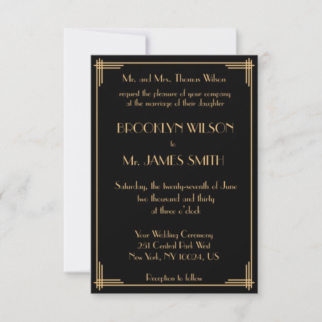 Tiny Black Great Gatsby Art Deco Wedding Invites (Front)